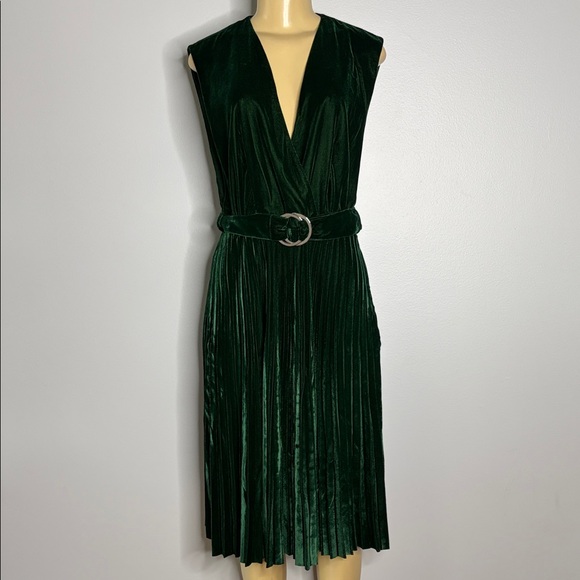 & Other Stories Stocholm Atelier Green Velvet Pleated V-Neck Belted Dress Size 8 - Picture 3 of 9